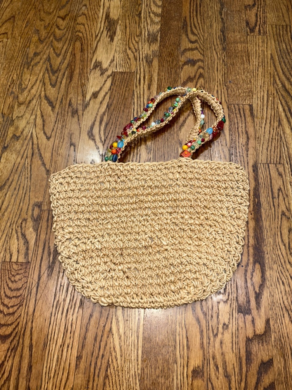 Capelli of New York Beige Straw Tote with Multicolor Beaded Handles